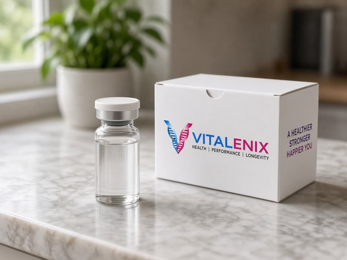 A labelled GLP-1 vial beside a Vitalenix shipping box on a marble counter